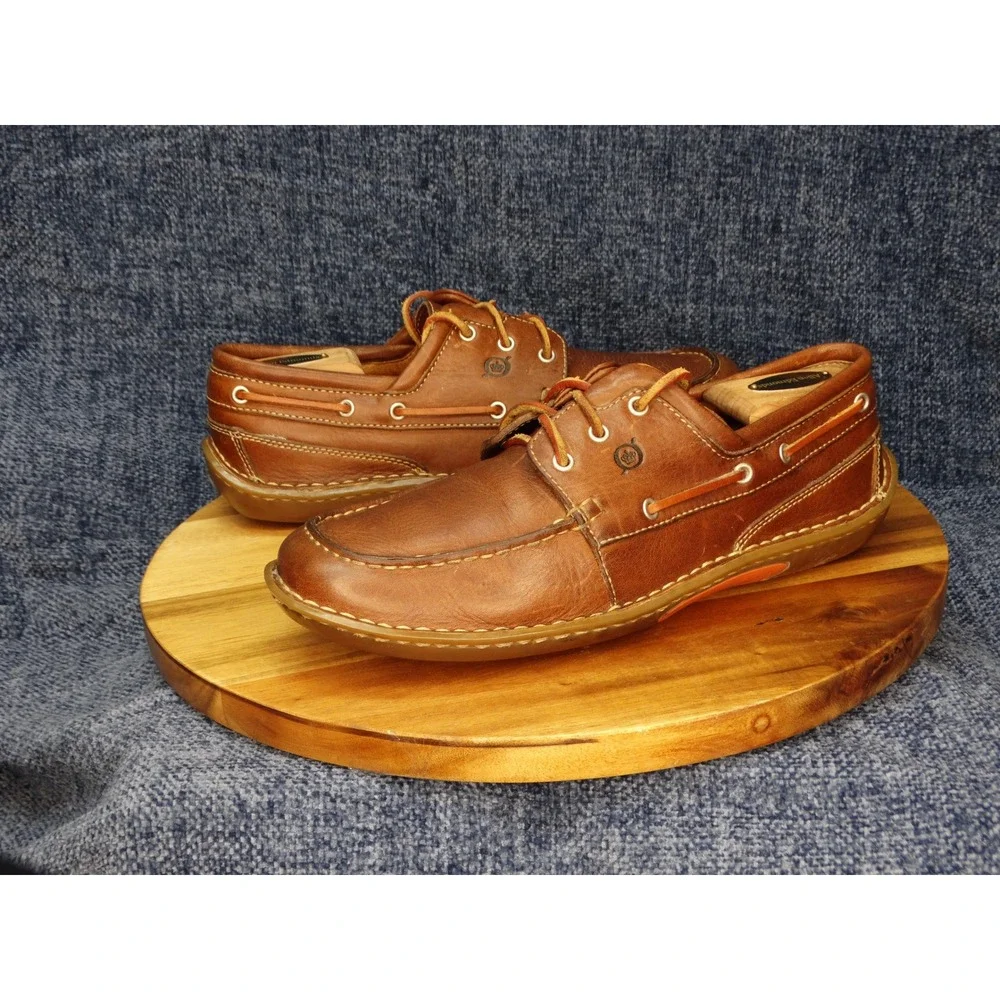 Born Mens 9 EU 42.5 Brown Leather Boat Shoes Moc Toe 3 Eye Deck Loafers MG056